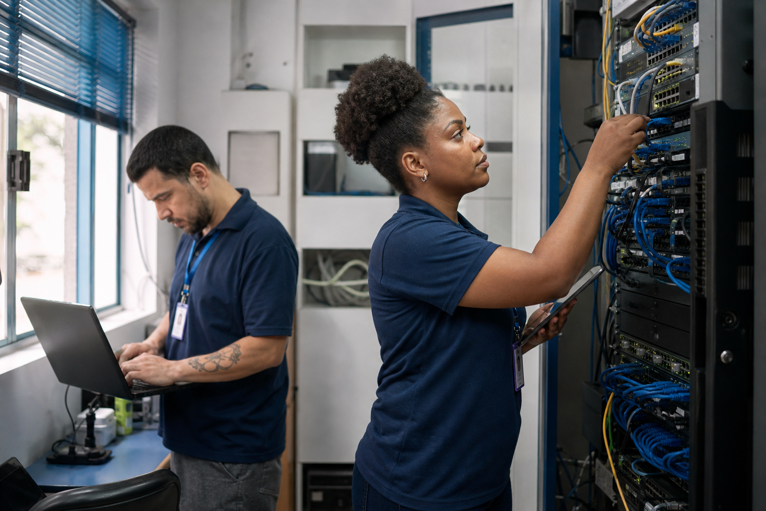 Técnicos da UPTECH realizando manutenção em equipamentos de rede